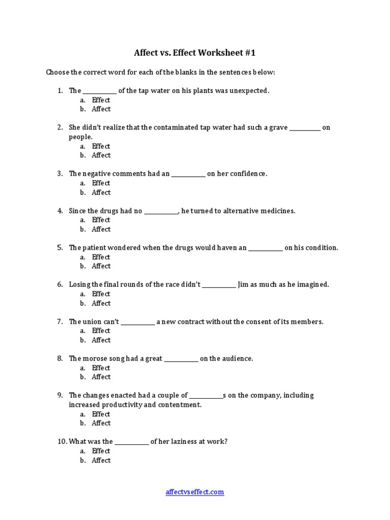 Affect vs Effect Worksheet 1