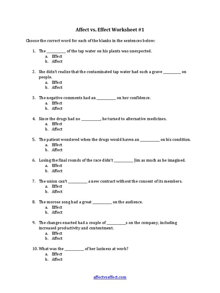 Affect Vs Effect Worksheet 4  PDF Intended For Affect Vs  Effect Worksheet