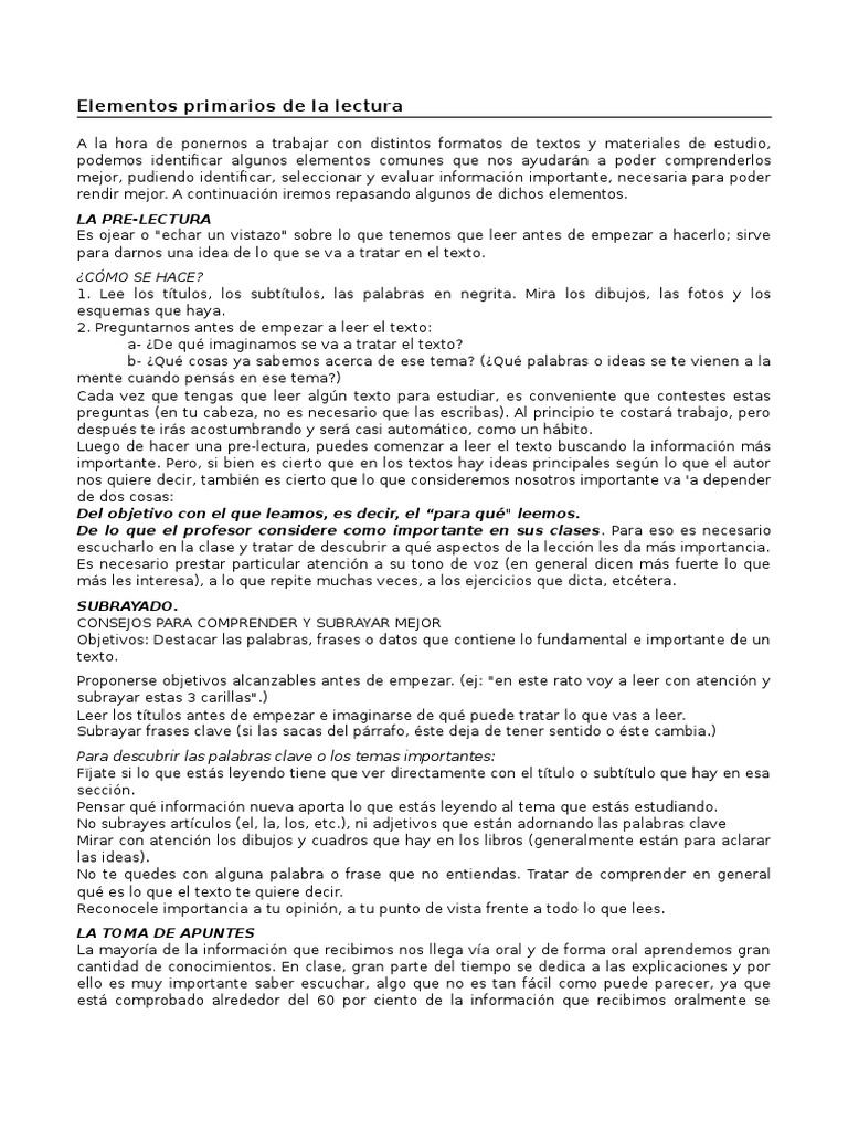 Elementos Primarios de La Lectura | PDF | Lectura (proceso) | Información