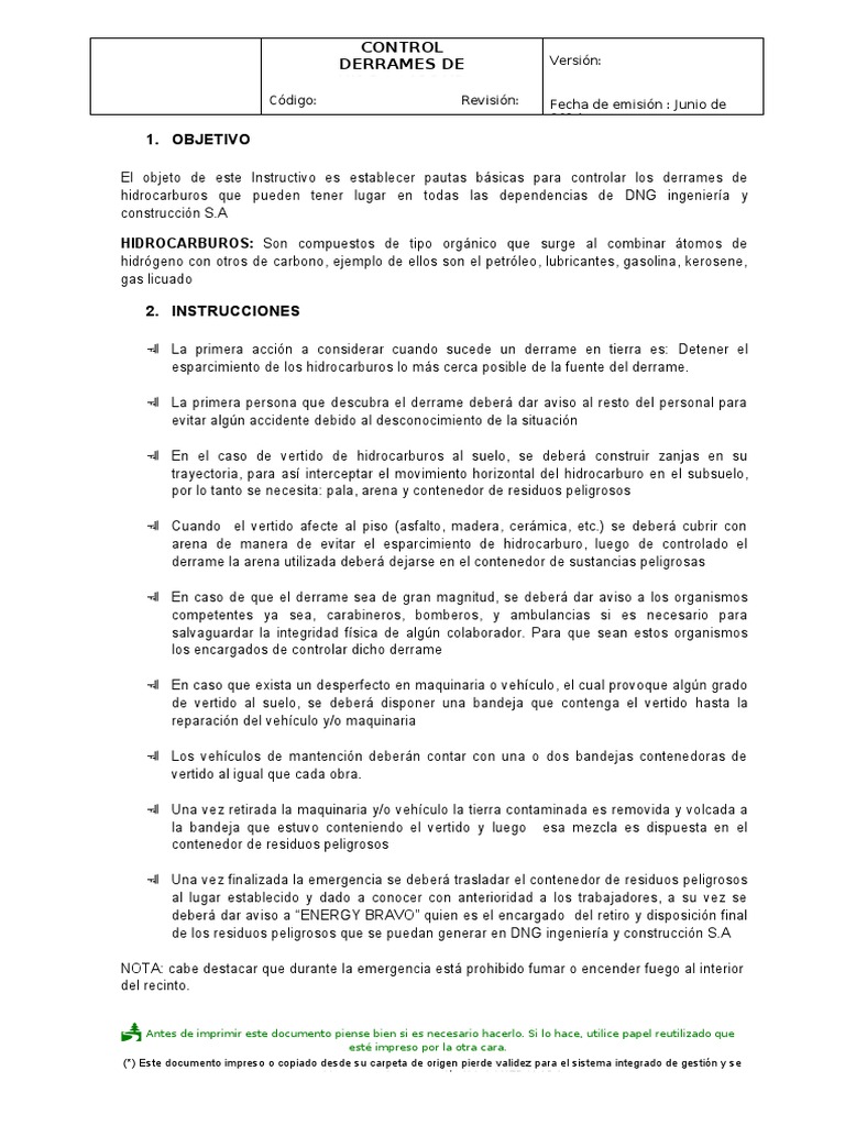 Control de Derrames en DNG S.A. | PDF | Hidrocarburos | Residuos