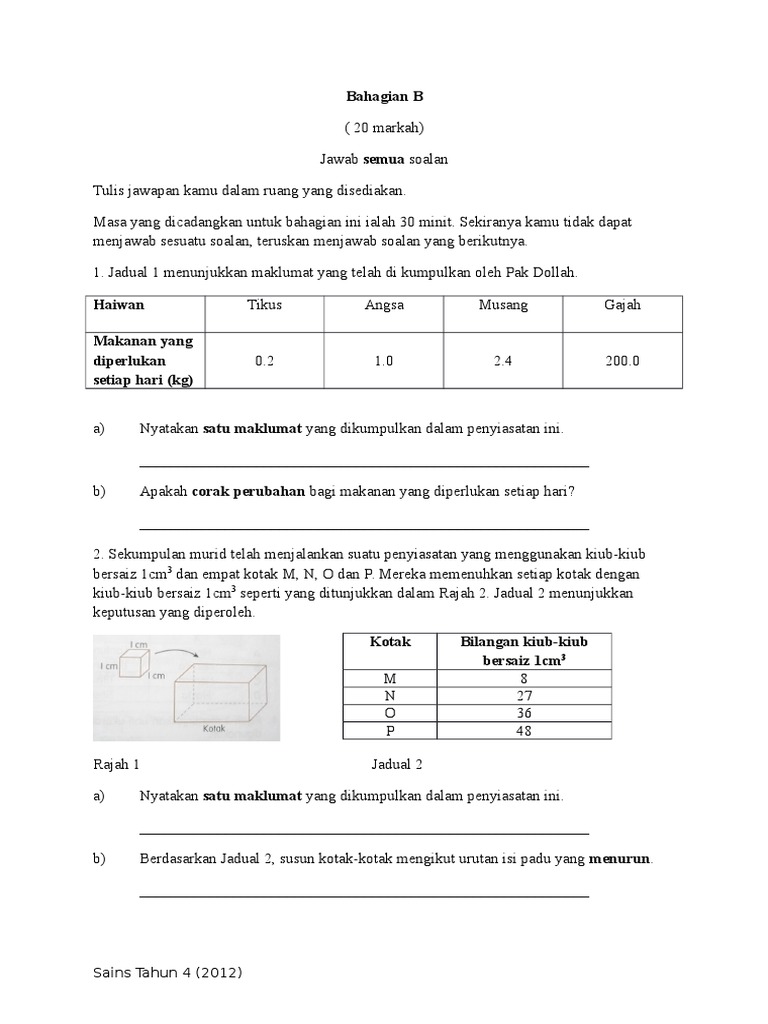 Soalan Sains Tahun 4 Peperiksaan Akhir Tahun Bahagian B