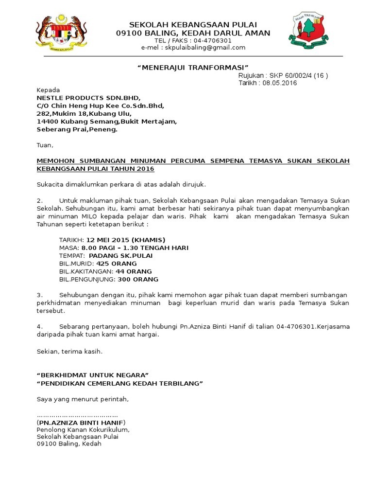 Contoh Surat Permohonan Air Milo