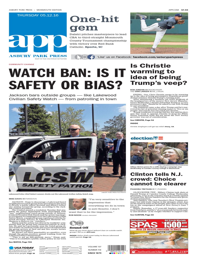Asbury Park Press Front Page Thursday, May 12 2016 PDF Bernie