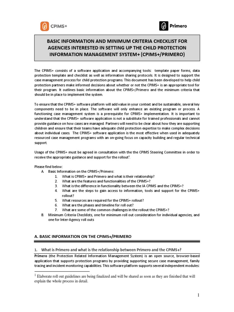 CPIMS+ Basic Information and Minimum Criteria For CPIMS+ Roll Out | PDF ...