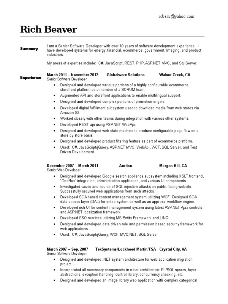 Senior Software Developer Resume | PDF | Web Application | Microsoft ...