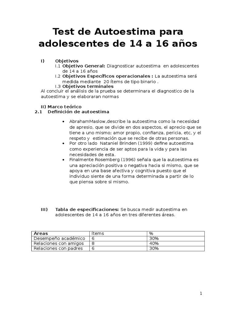 Test de Autoestima para Adolescentes 14-16 | PDF | Autoestima | Cognición