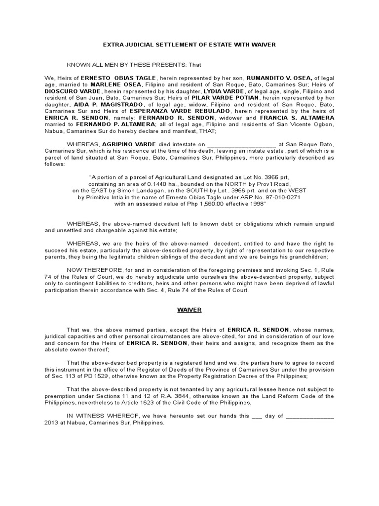 sample document meaning Judicial  Property  Waiver Extra of Settlement Estate With