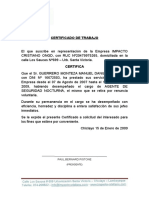 Certificado trabajo agente seguridad ONGD Chiclayo