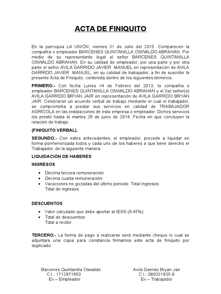 Acta de Finiquito Laboral 2015 | PDF | Finanzas y dinero
