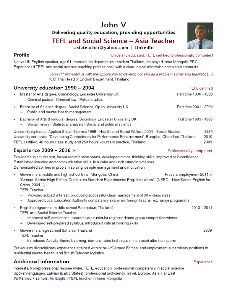 tefl resume example no experience