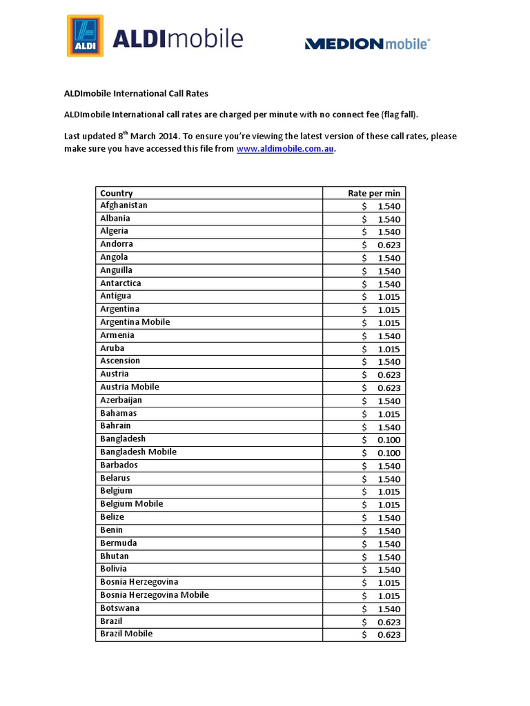 Aldimobile International Call Rates PDF
