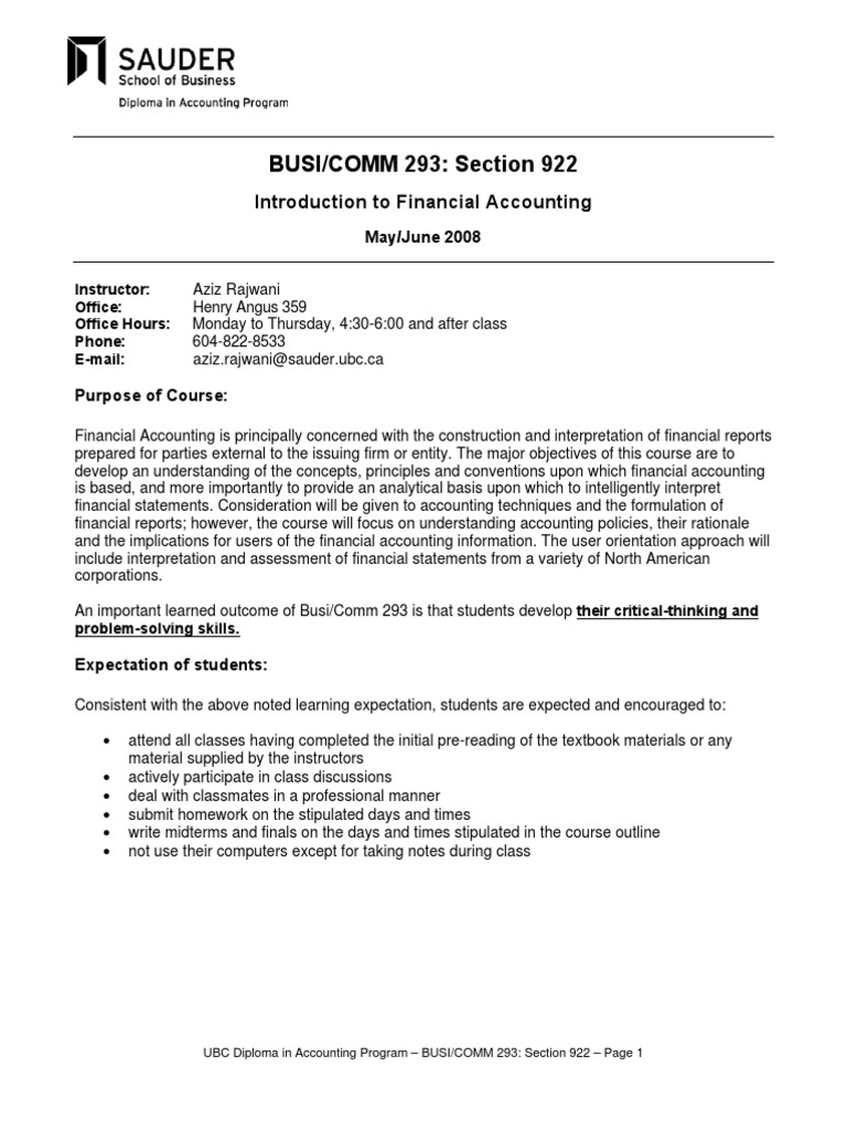 293 Financial Accounting COURSE OUTLINE Inventory Cash Flow