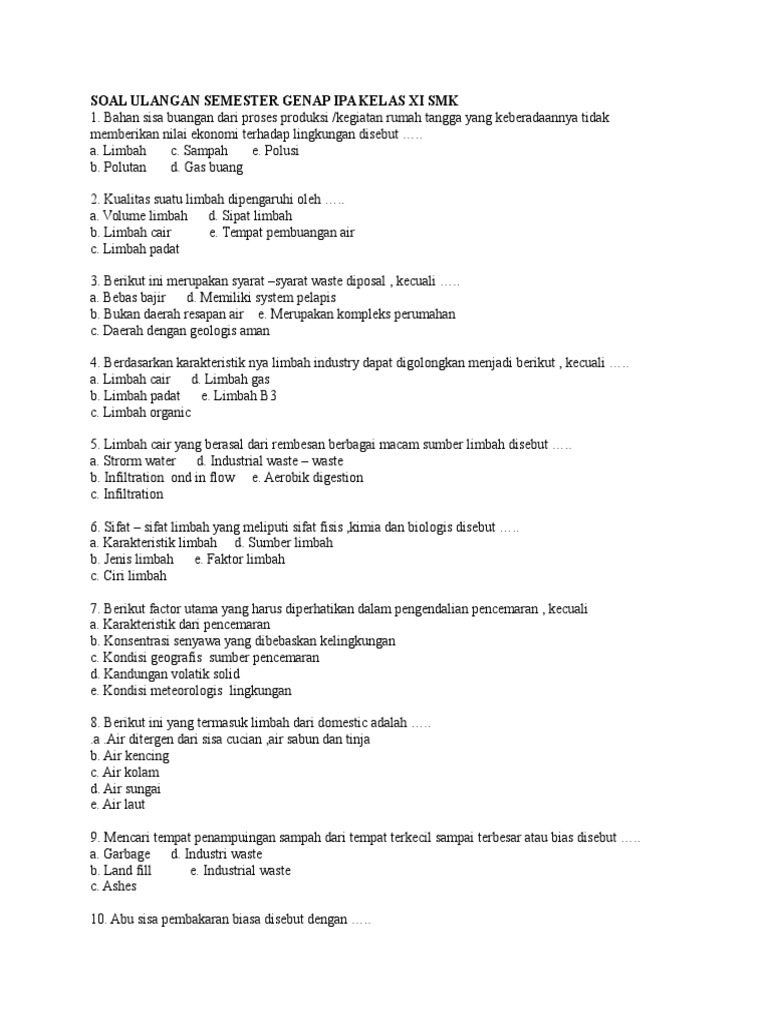 Soal Ulangan Semester Genap Ipa Kelas Xi Smk Soal Ulangan Semester Genap Ipa Kelas Xi Smk