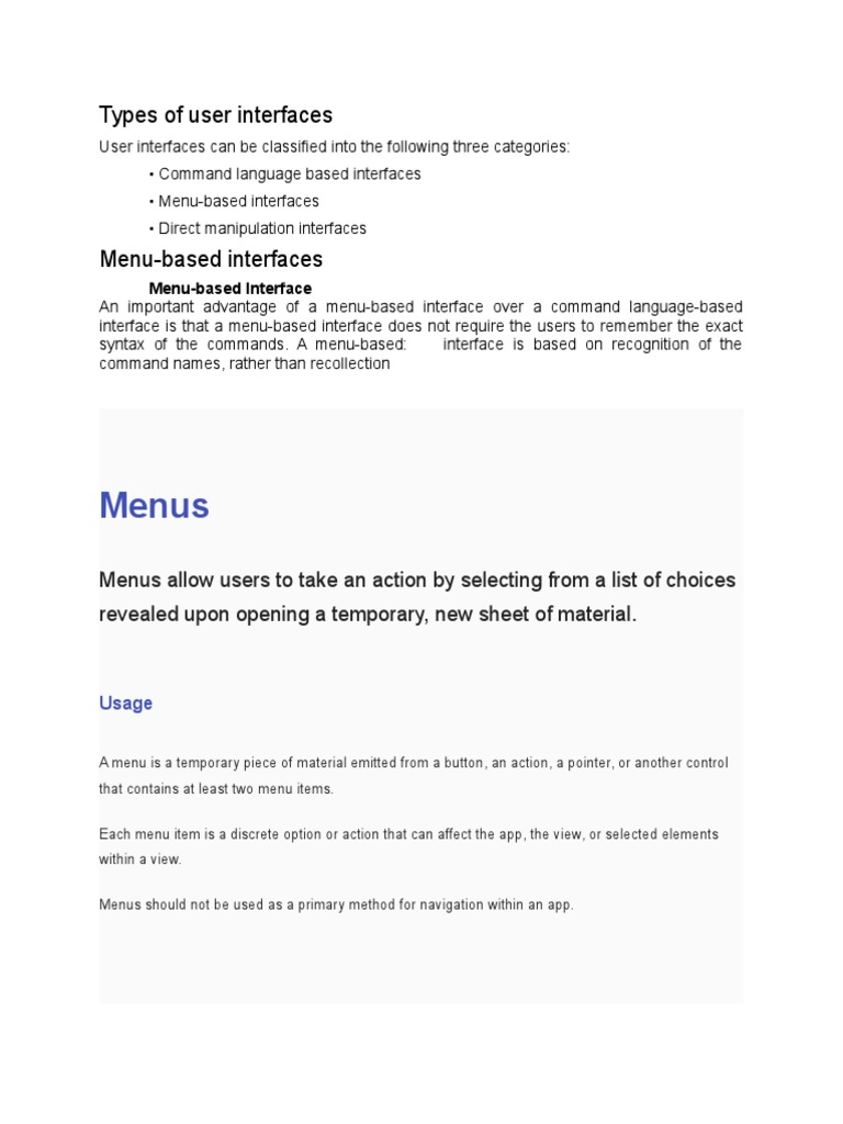 Menus Types of User Interfaces PDF Menu User Interface