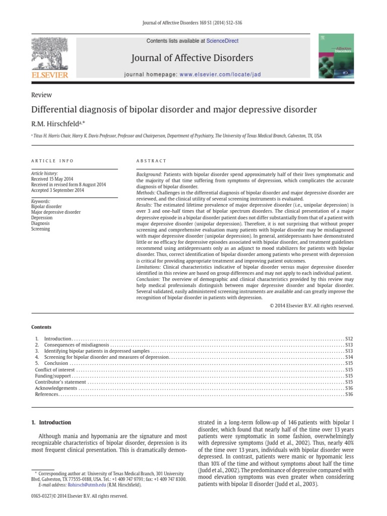 Differential Diagnosis of Bipolar Disorder and Major Depressive Disorder. PDF Bipolar