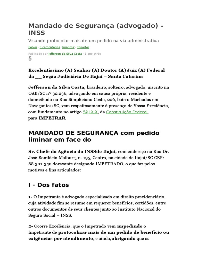 Mandado de Segurança contra o INSS | PDF | Aposentadoria | Mandamus