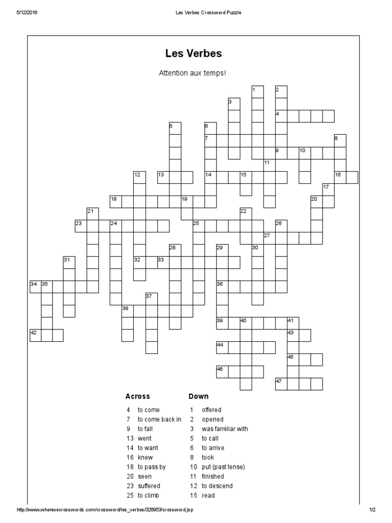 Les Verbes Crossword Puzzle | PDF