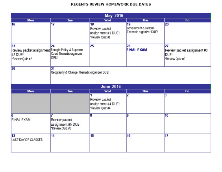 Regents Review Calendar PDF