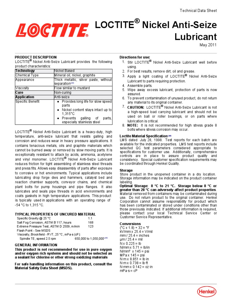 Loctite Nickel Anti Seize PDF Lubricant Corrosion