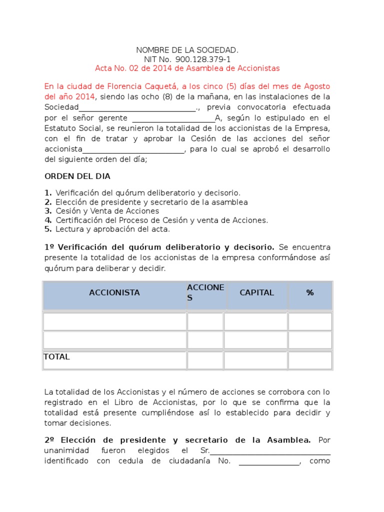 Acta Cesion Acciones Con Derecho de Preferencia PDF Compartir