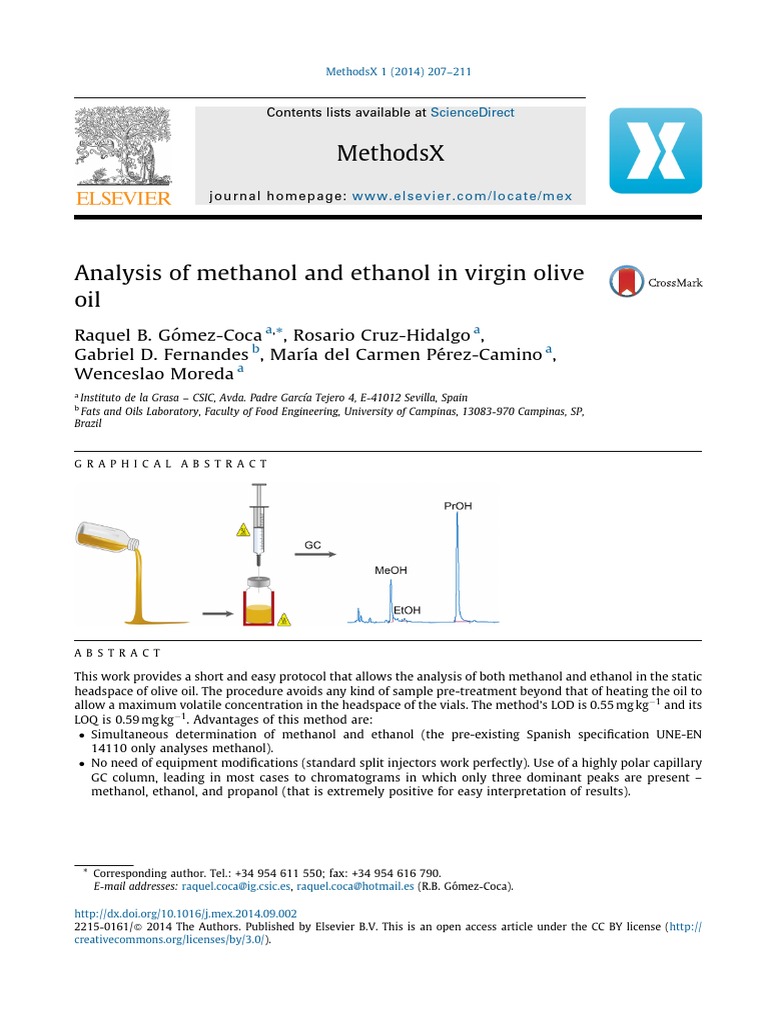 Analysis of Methanol and Ethanol in Virgin Olive Gas Chromatography