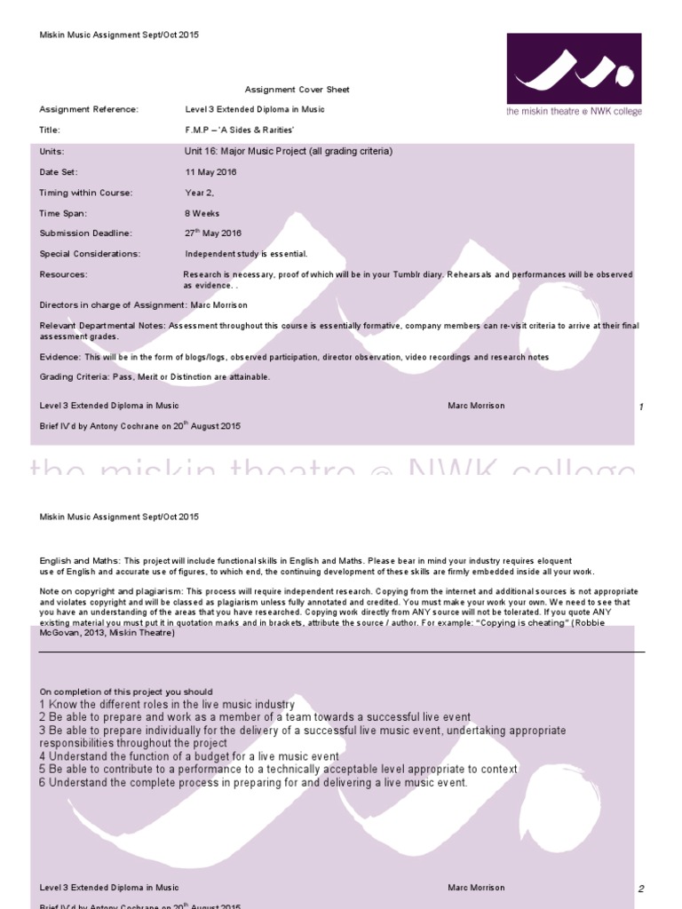 Unit 16: Major Music Project (All Grading Criteria) | PDF
