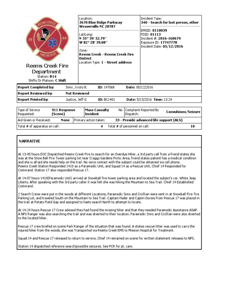 Reems Creek Fire Department Rescue Report | PDF | Emergency Medical ...