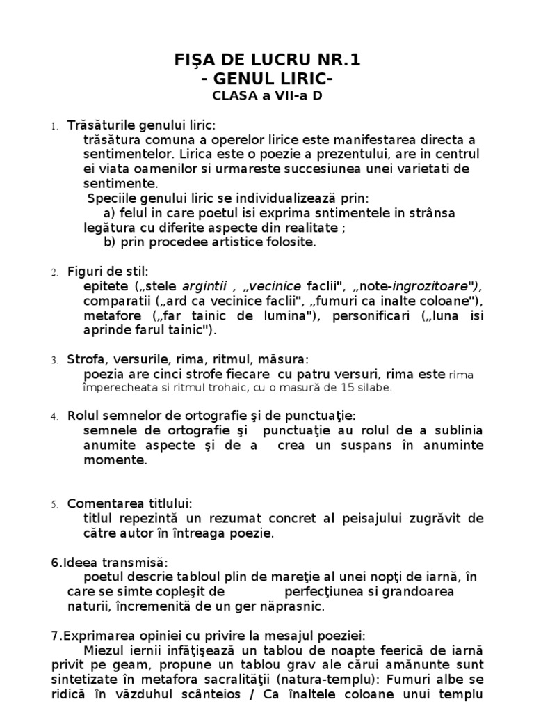 Fisa de Lucru Gen Liric