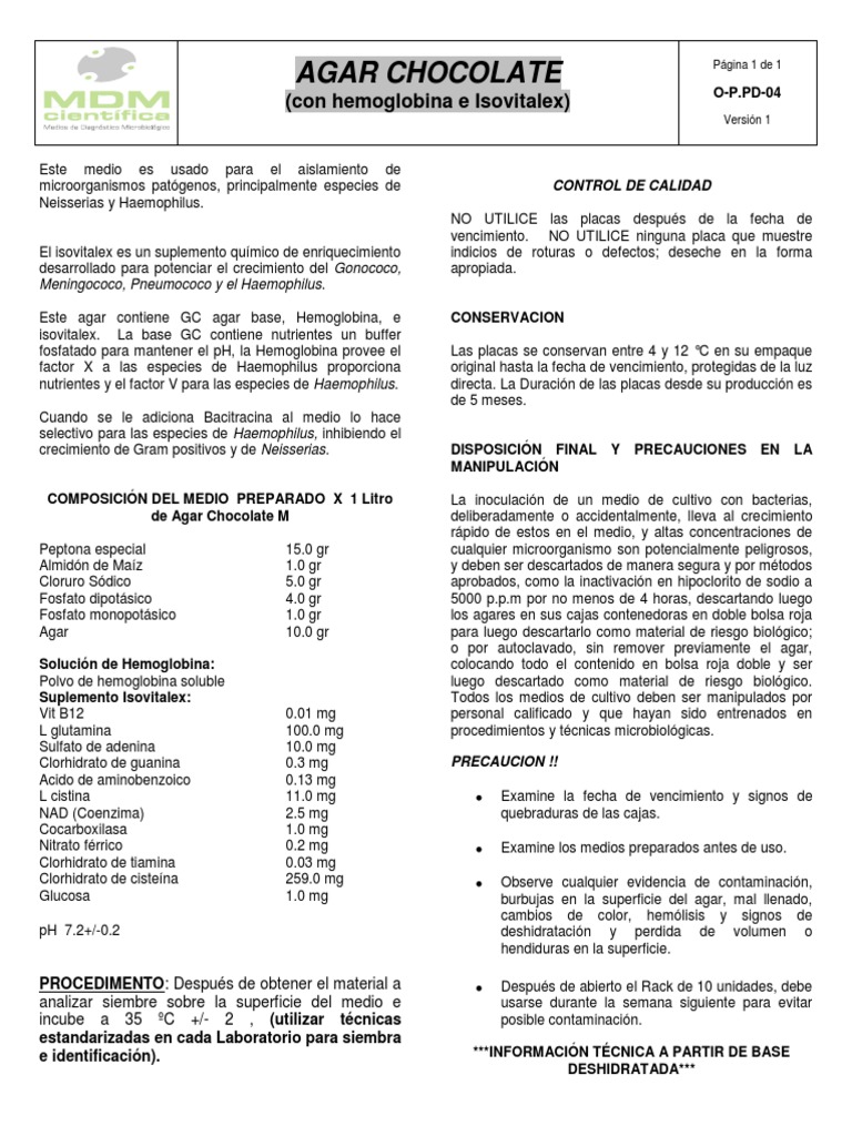 PD 04 Inserto Agar Chocolate PDF Microbiología Química