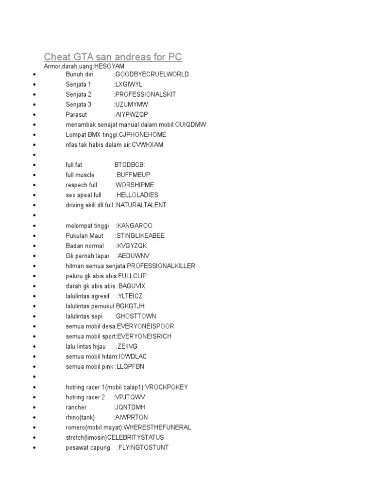 Cheat GTA San Andreas For PC | PDF | Olahraga & Rekreasi