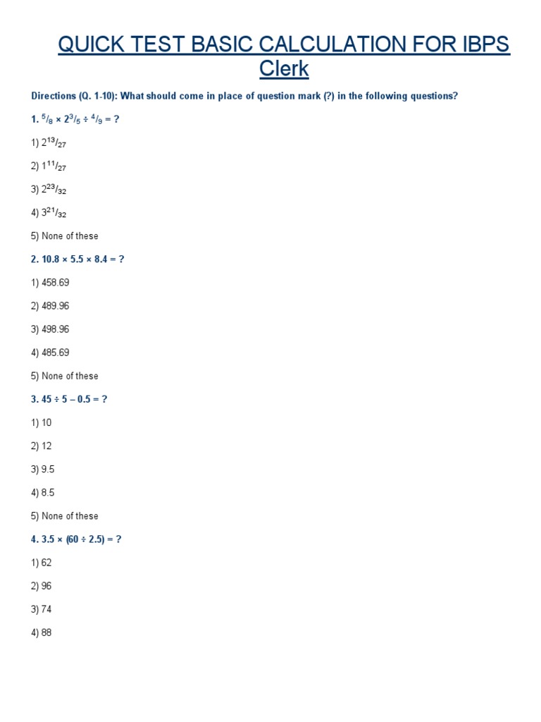 IBPS Clerk Basic Calculation Test | PDF | Technology & Engineering