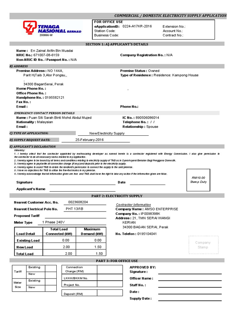Electricity Supply Application | PDF | Finance & Money Management