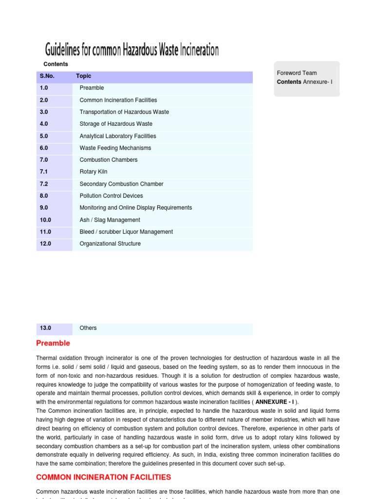 Common Hazardous Waste Incinerator Guidelines Incineration