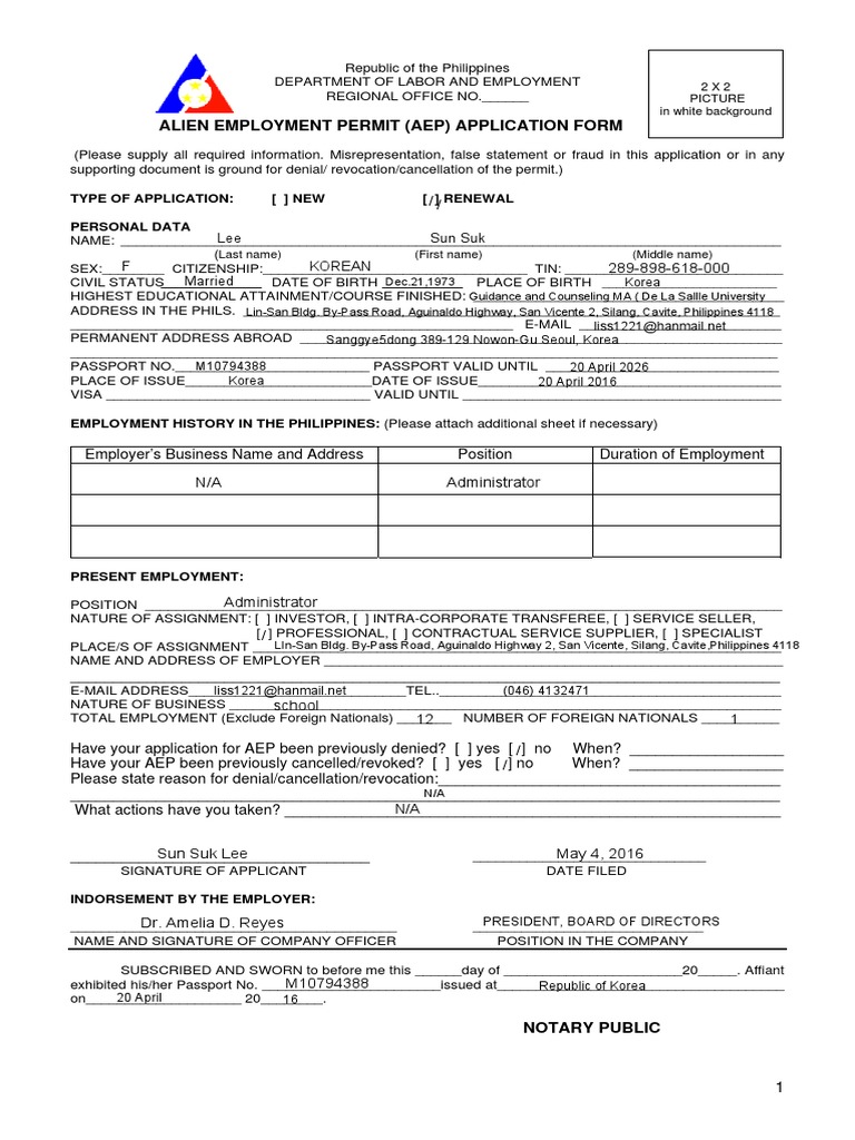 Alien Employment Permit (Aep) Application Form