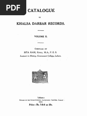 Catalogue Of Khalsa Darbar Records Vol 2 Compiled By Sita Ram Kohli Lahore Debits And Credits