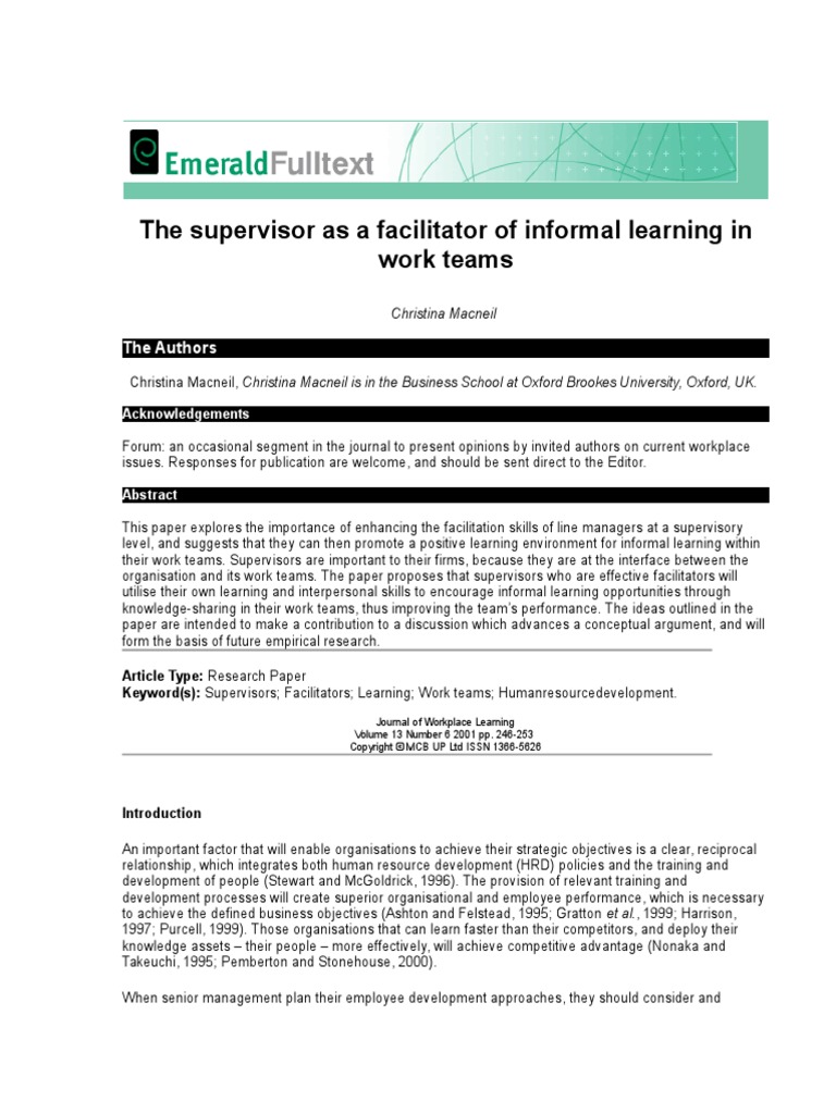 The Supervisor As A Facilitator of Informal Learning in Work Teams ...