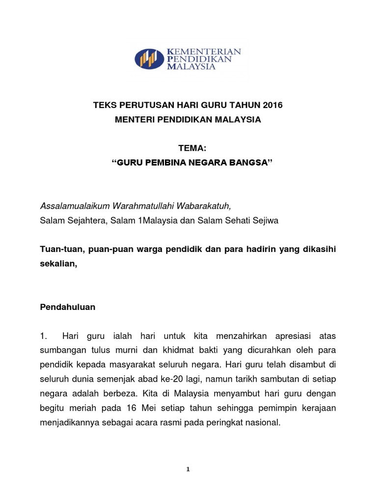 Perutusan Khas Menteri Pelajaran Hari Guru 2016 Pdf