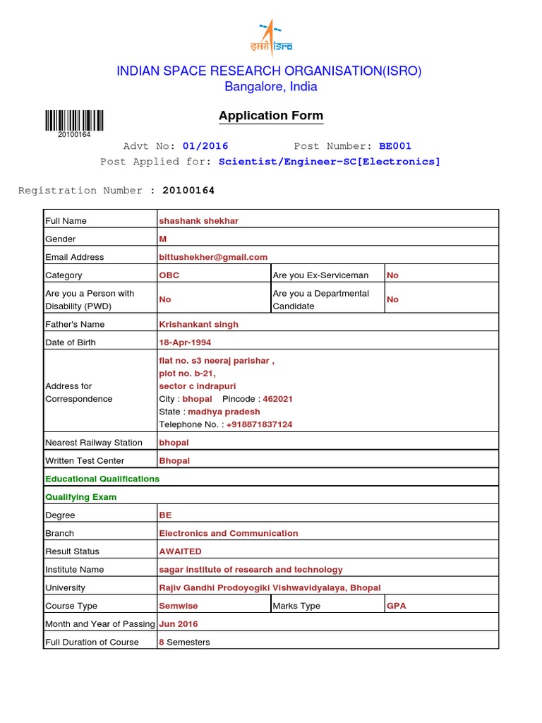 ISRO Scientist/Engineer Application Form | PDF