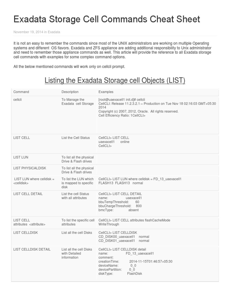 Exadata Storage Cell Commands Cheat Sheet PDF Email Hard Disk Drive