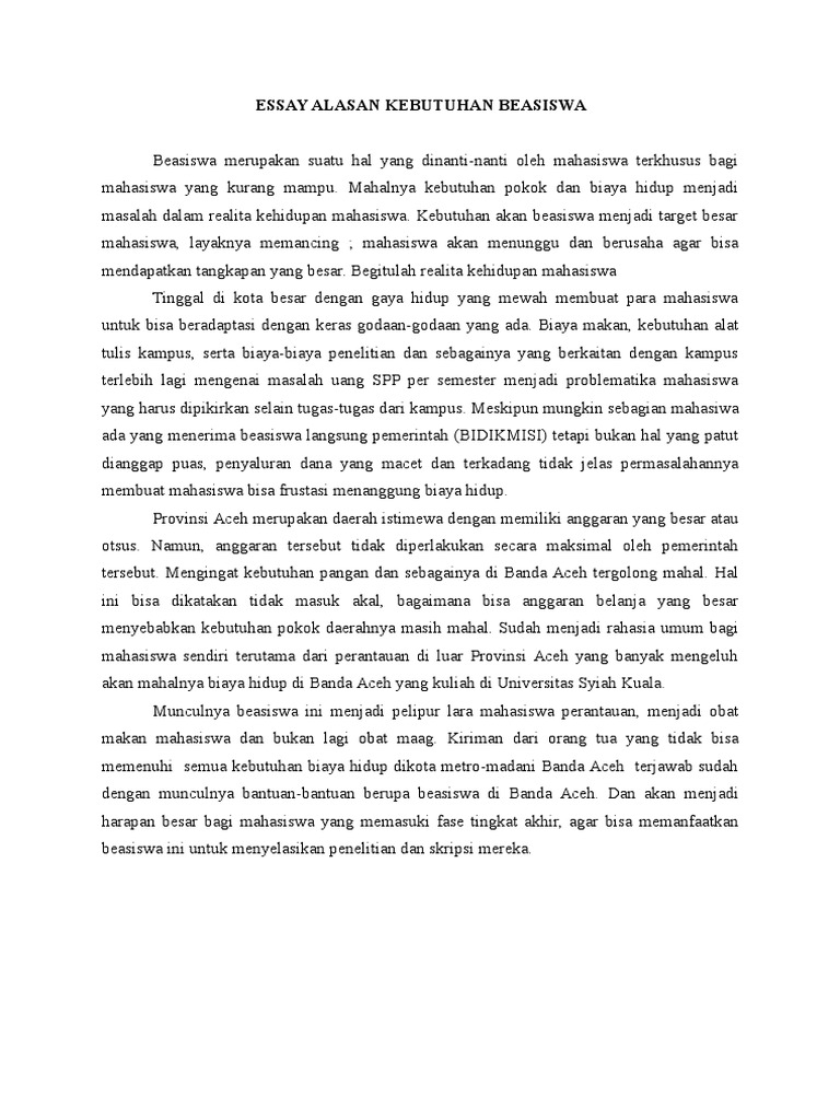 Essay Alasan Kebutuhan Beasiswa