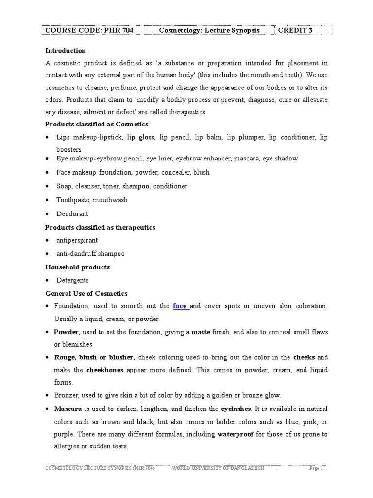Cosmetology Synopsis | PDF | Allergy | Dermatitis