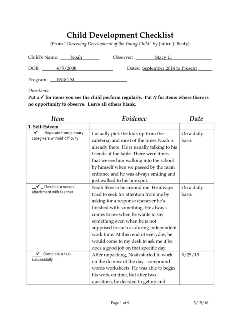 Child Development Checklist For Noah | PDF | Toys | Teaching And Learning