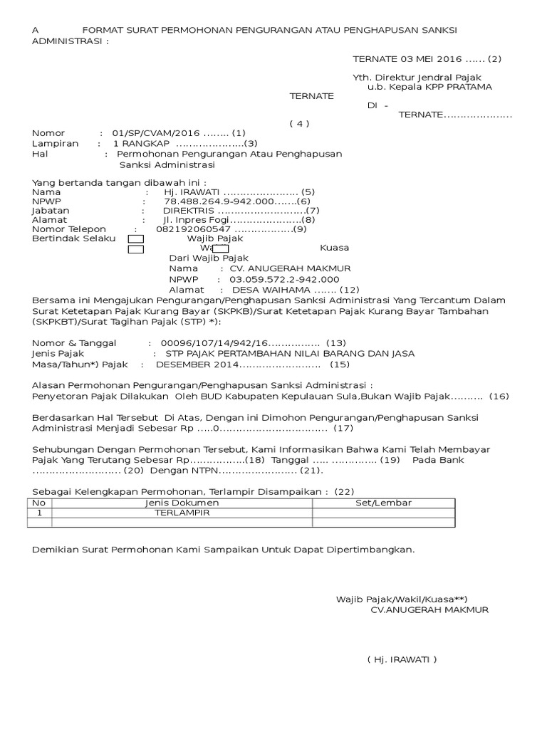 A Format Surat Permohonan Pengurangan Atau Penghapusan Sanksi Administrasi