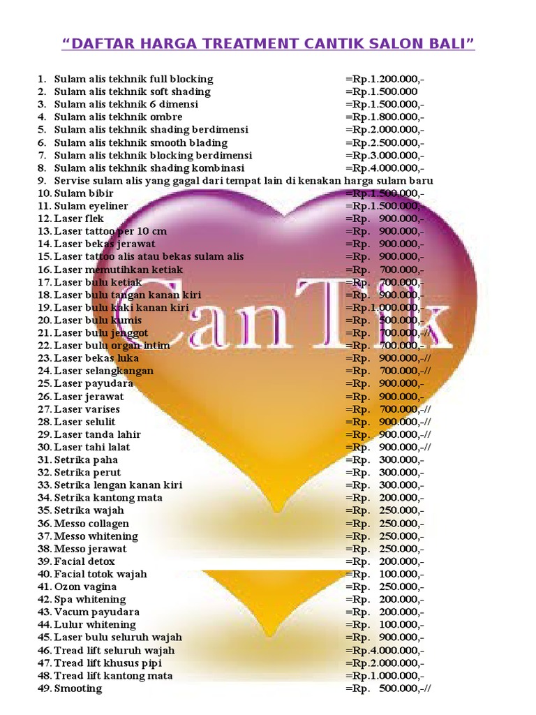 Daftar Harga  Treatment Cantik  Salon  Bali
