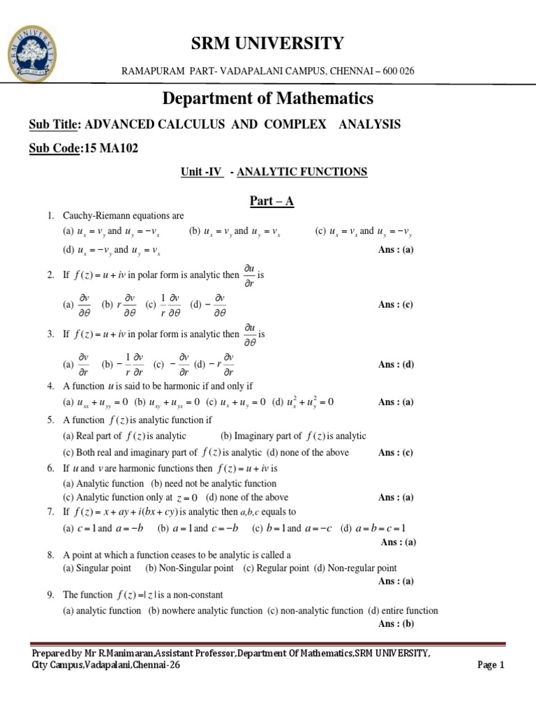 Analytic Functions Mcq Notes Equations Functions And Mappings