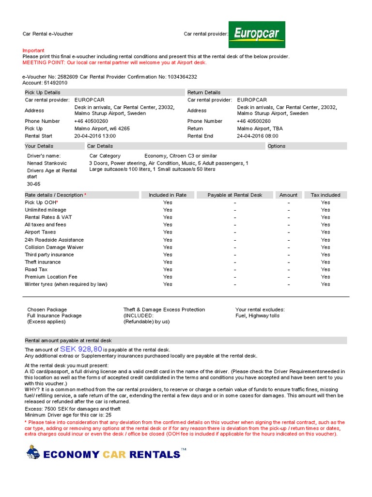 Voucher 2582609 ECR Car Rental Fee