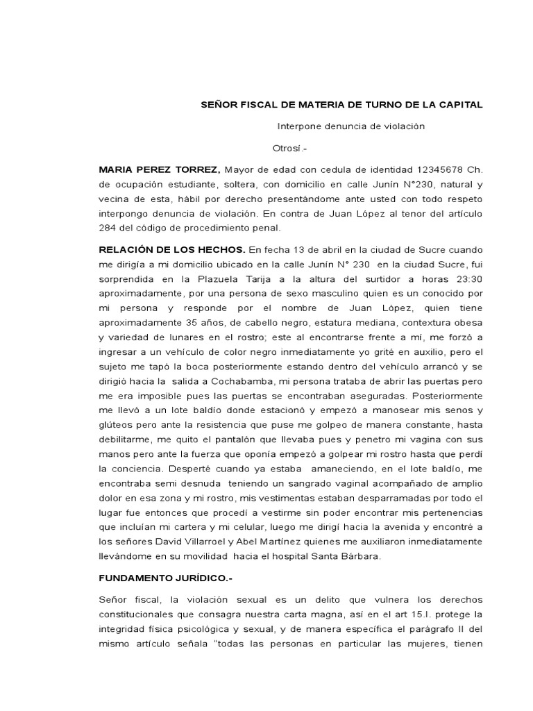 Modelo de Memorial de Denuncia en Bolivia | PDF | Violación | Derecho penal