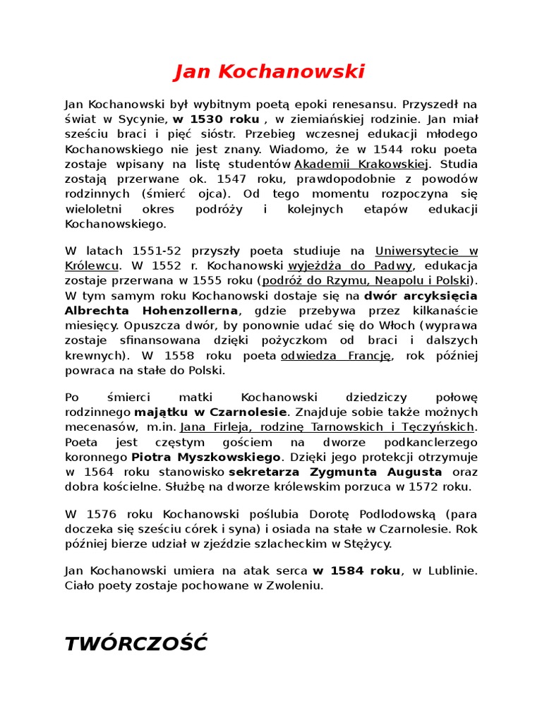 Sprawdzian Z Twórczości Jana Kochanowskiego Klasa 7