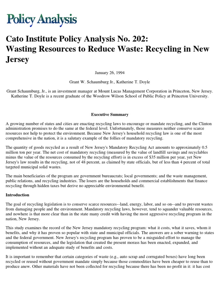 Wasting Resources To Reduce Waste Recycling in New Jersey, Cato Policy