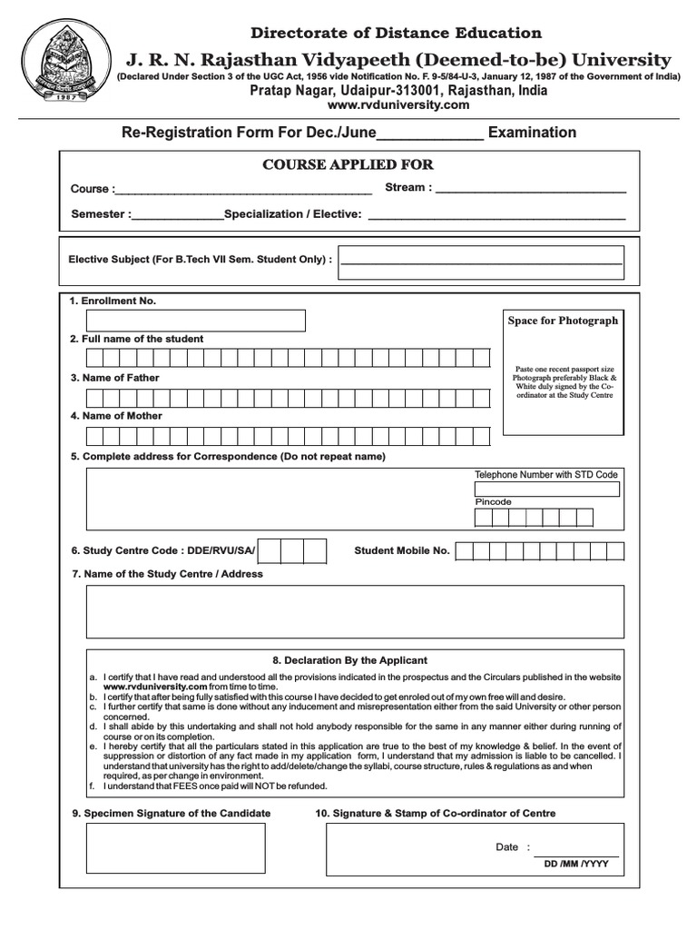 Rajasthan University Re-Registration Form | PDF | Business | Finance ...